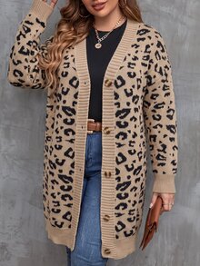 Linhara CURVE 大尺碼女款秋冬加厚寬鬆休閒中長版長袖針織開襟衫，鈕扣雙排扣豹紋梭織百搭日常毛衣外套 - 卡其色 - 查看 7