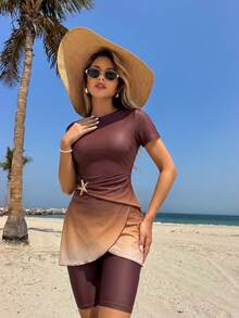 Swim Shayni Swim New Summer Women's Round-Neck Short-Sleeved Dress (With Ruffled Skirt Decoration And Star-Shaped Embellishment) + Shorts + Gradient Pattern Beachwear Set - Brown - View 6