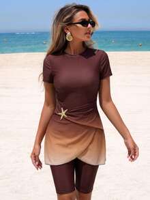 Swim Shayni Swim New Summer Women's Round-Neck Short-Sleeved Dress (With Ruffled Skirt Decoration And Star-Shaped Embellishment) + Shorts + Gradient Pattern Beachwear Set - Brown - View 2
