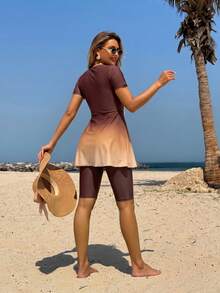 Swim Shayni Swim New Summer Women's Round-Neck Short-Sleeved Dress (With Ruffled Skirt Decoration And Star-Shaped Embellishment) + Shorts + Gradient Pattern Beachwear Set - Brown - View 3