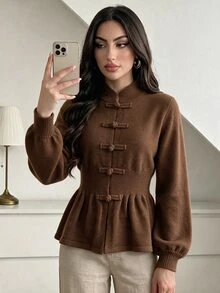 Elenzga 女款優雅如意鈕扣收腰長袖開襟衫 - 棕色 - 查看 1