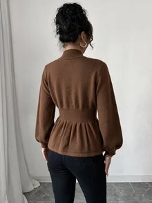 Elenzga 女款優雅如意鈕扣收腰長袖開襟衫 - 棕色 - 查看 3