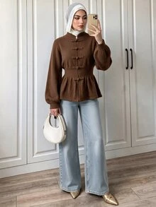 Elenzga 女款優雅如意鈕扣收腰長袖開襟衫 - 棕色 - 查看 4