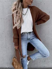 SHEIN Women's Solid Color Casual Versatile Daily Wear Cardigan - Mocha Brown - View 3