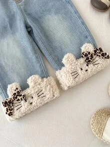 SHEIN Baby Girl Cute Rabbit Plush Patchwork Leopard Bow Design Blue Denim Jeans,Fall/Winter,For Baby Girls Back To School Clothes,Toddler Jeans,Daily Wear - Blue - View 4