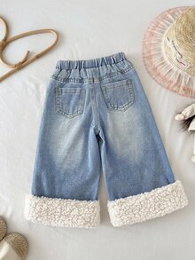 SHEIN Baby Girl Cute Rabbit Plush Patchwork Leopard Bow Design Blue Denim Jeans,Fall/Winter,For Baby Girls Back To School Clothes,Toddler Jeans,Daily Wear - Blue - View 2