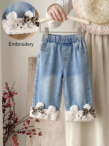 SHEIN Baby Girl Cute Rabbit Plush Patchwork Leopard Bow Design Blue Denim Jeans,Fall/Winter,For Baby Girls Back To School Clothes,Toddler Jeans,Daily Wear - Blue - View 3