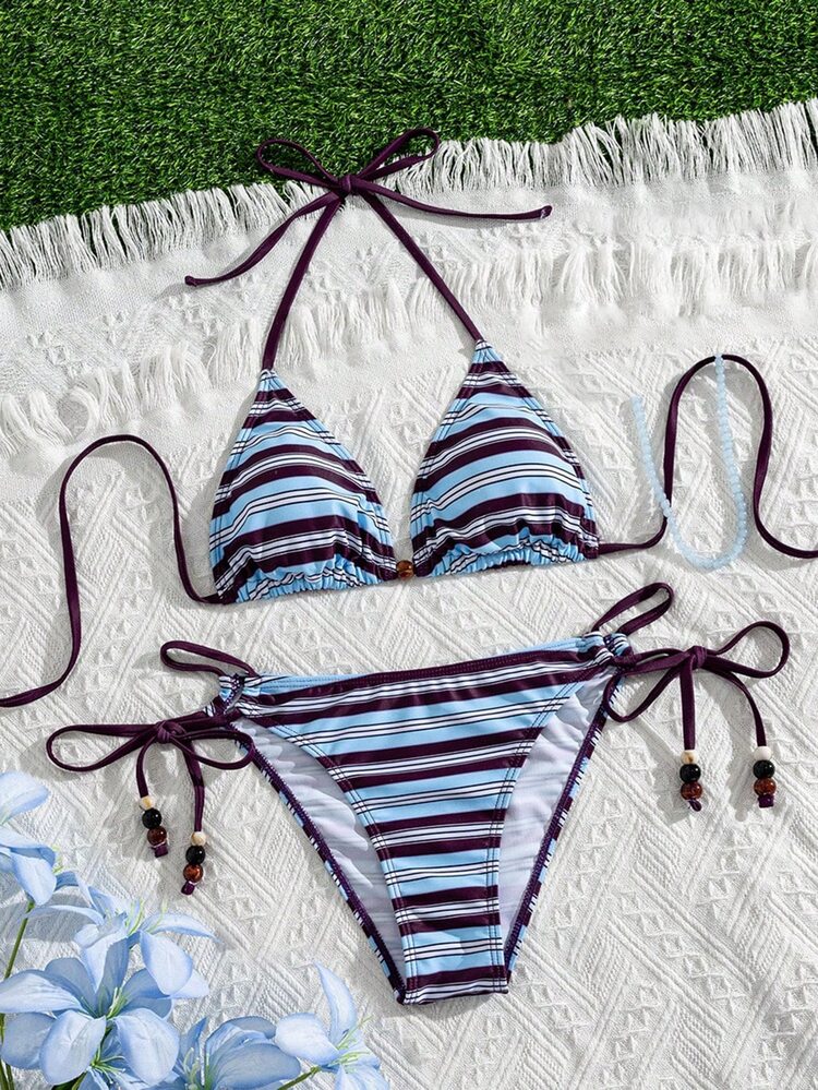 Swim Vcay Summer Holiday Casual Blue And White Stripe Beaded Halter Backless Triangle Cup Bikini Set Beach Holiday Vacation - Multicolor - View 2
