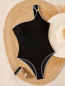 SHEIN Swim Chiccia 優雅歐式熱帶紋理單肩連身泳衣 對比飾邊 海灘度假黑色夏季款 - 黑色 - 查看 7