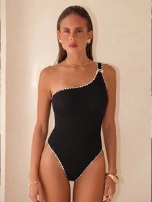 SHEIN Swim Chiccia 優雅歐式熱帶紋理單肩連身泳衣 對比飾邊 海灘度假黑色夏季款 - 黑色 - 查看 5