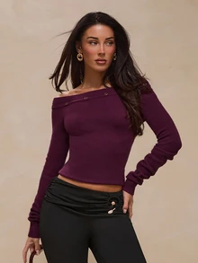 Glamine Women Knit Tops Dinner Brunch Going Out Night Out Dark Purple Autumn Elegant - Burgundy - View 2
