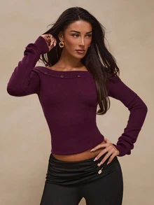 Glamine Women Knit Tops Dinner Brunch Going Out Night Out Dark Purple Autumn Elegant - Burgundy - View 6