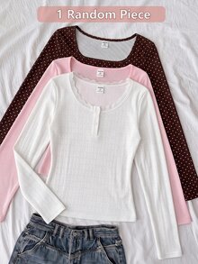 SHEIN Vår/höst långärmad T-shirt för flickor, tonårsflickor, spetskant, rund hals, Henley-knappar, slim fit stickad topp, ribbad textur, vit mångsidig innerlager, baslager för daglig pendling - Vitt - Visa 2