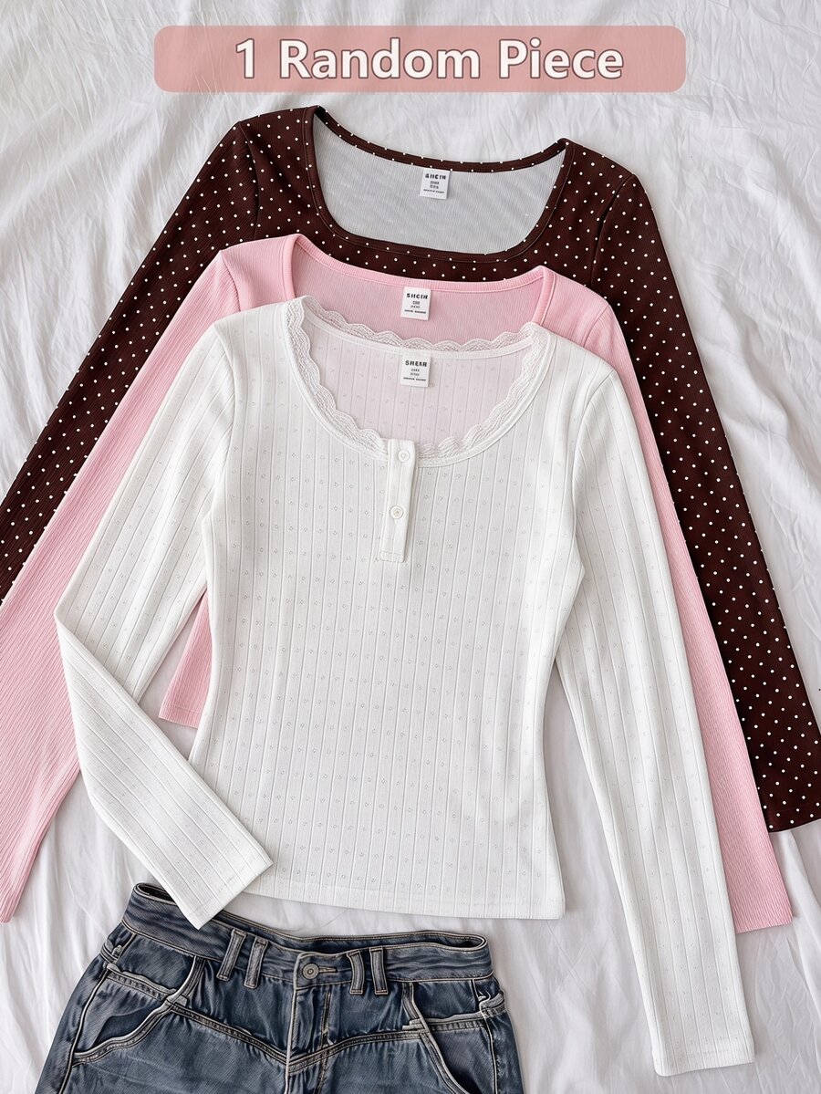 SHEIN Spring/Autumn Girls' Long Sleeve T-Shirt, Teen Girls Lace Trim Round Neck Henley Button Slim Fit Knit Top, Ribbed Texture White Versatile Inner Layer, Daily Commute Base Layer - White - View 1