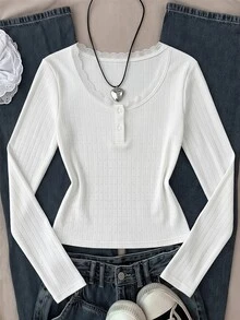 SHEIN Vår/höst långärmad T-shirt för flickor, tonårsflickor, spetskant, rund hals, Henley-knappar, slim fit stickad topp, ribbad textur, vit mångsidig innerlager, baslager för daglig pendling - Vitt - Visa 1