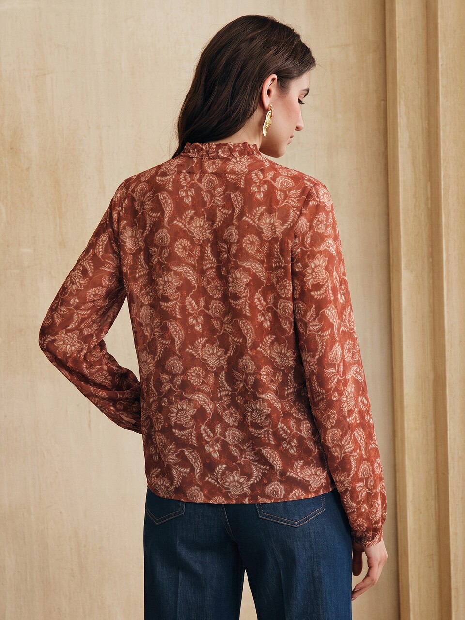 Women's Elegant Long Sleeve Semi-Sheer Jacquard Textured Print Blouse