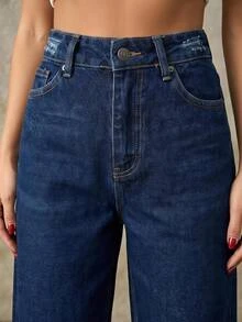 SHEIN Plus High Waist Casual Style Dark Blue Raw Wash Regular Fit Button Front Baggy Jean - Dark Wash - View 5