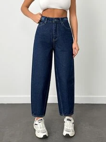 SHEIN Plus High Waist Casual Style Dark Blue Raw Wash Regular Fit Button Front Baggy Jean - Dark Wash - View 3