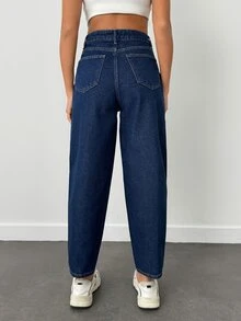 SHEIN Plus High Waist Casual Style Dark Blue Raw Wash Regular Fit Button Front Baggy Jean - Dark Wash - View 2