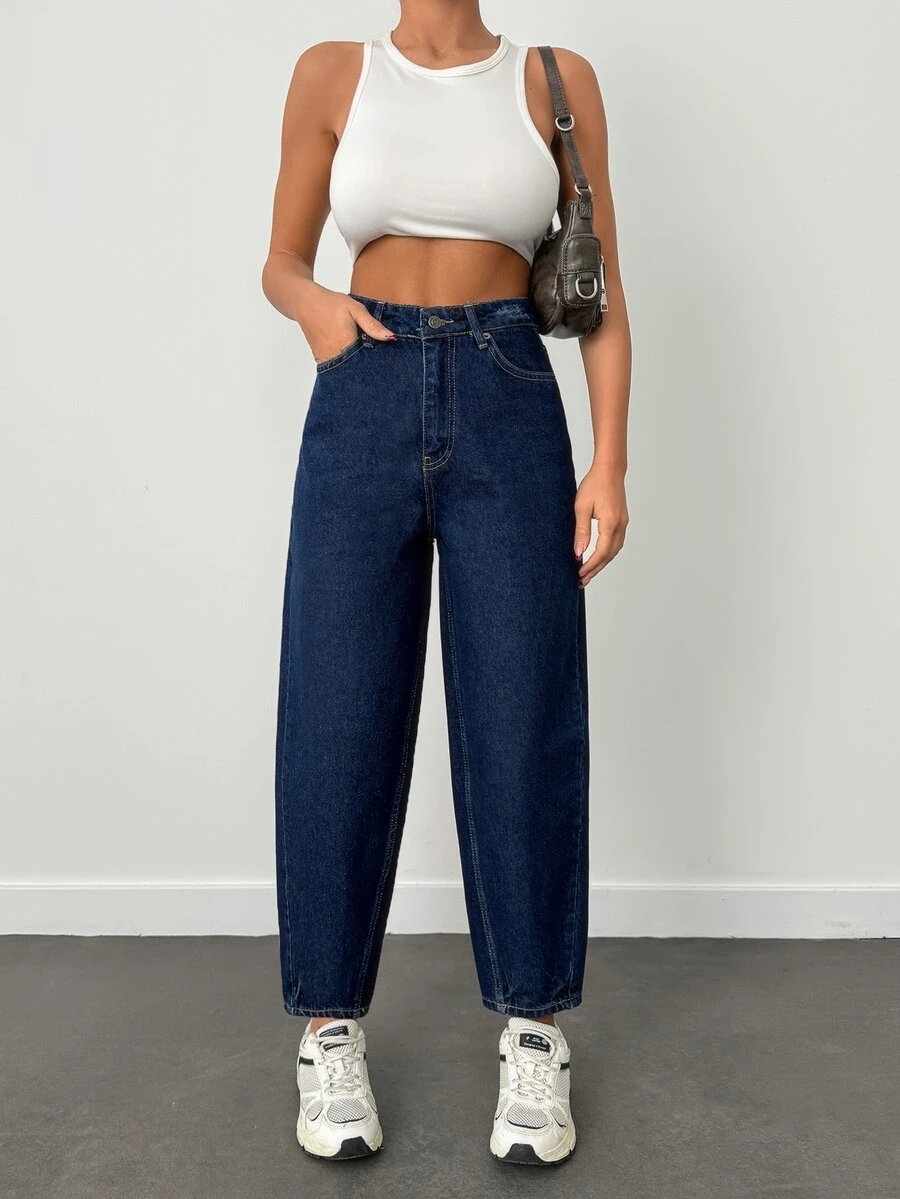 SHEIN Plus High Waist Casual Style Dark Blue Raw Wash Regular Fit Button Front Baggy Jean - Dark Wash - View 1