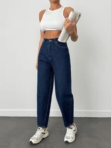 SHEIN Plus High Waist Casual Style Dark Blue Raw Wash Regular Fit Button Front Baggy Jean - Dark Wash - View 7