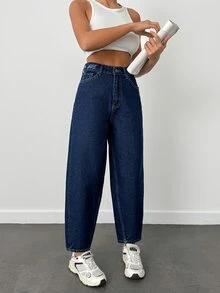 SHEIN Plus High Waist Casual Style Dark Blue Raw Wash Regular Fit Button Front Baggy Jean - Dark Wash - View 6