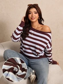 Elaquor Plus Size Asymmetrical Shoulder Striped Colorblock Long Sleeve Pullover Sweater Casual Daily Striped Sweater For Women Fall/Winter Casual Going Out - Multicolor - View 1