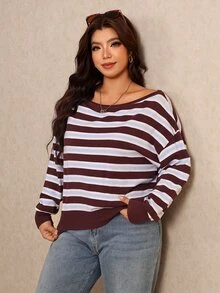 Elaquor Plus Size Asymmetrical Shoulder Striped Colorblock Long Sleeve Pullover Sweater Casual Daily Striped Sweater For Women Fall/Winter Casual Going Out - Multicolor - View 5
