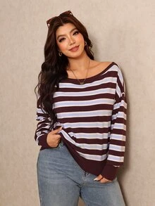 Elaquor Plus Size Asymmetrical Shoulder Striped Colorblock Long Sleeve Pullover Sweater Casual Daily Striped Sweater For Women Fall/Winter Casual Going Out - Multicolor - View 3