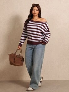 Elaquor Plus Size Asymmetrical Shoulder Striped Colorblock Long Sleeve Pullover Sweater Casual Daily Striped Sweater For Women Fall/Winter Casual Going Out - Multicolor - View 4