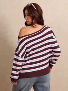Elaquor Plus Size Asymmetrical Shoulder Striped Colorblock Long Sleeve Pullover Sweater Casual Daily Striped Sweater For Women Fall/Winter Casual Going Out - Multicolor - View 2