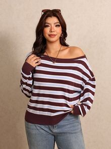 Elaquor Plus Size Asymmetrical Shoulder Striped Colorblock Long Sleeve Pullover Sweater Casual Daily Striped Sweater For Women Fall/Winter Casual Going Out - Multicolor - View 6