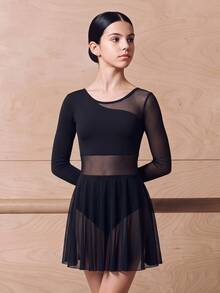 SHEIN 青少年女孩運動套裝，優雅蕾絲網紗長袖拼接裙體操連身衣，絲滑彈性面料搭配平滑網紗拼接，不對稱下擺，適合芭蕾練習、比賽與演出 - 黑色 - 查看 2