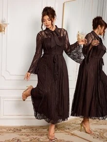 Modelyn Elegant Solid Color Lace Tie Collar Long Sleeve Waist Belt Cinched A-Line Regular Fit Plus Size Dress For Spring And Autumn - Coffee Brown - View 5