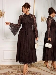 Modelyn Elegant Solid Color Lace Tie Collar Long Sleeve Waist Belt Cinched A-Line Regular Fit Plus Size Dress For Spring And Autumn - Coffee Brown - View 6