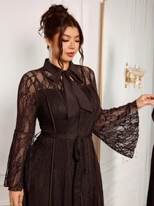 Modelyn Elegant Solid Color Lace Tie Collar Long Sleeve Waist Belt Cinched A-Line Regular Fit Plus Size Dress For Spring And Autumn - Coffee Brown - View 7