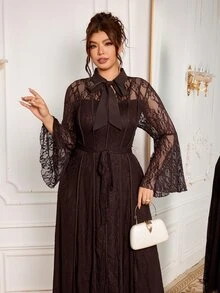 Modelyn Elegant Solid Color Lace Tie Collar Long Sleeve Waist Belt Cinched A-Line Regular Fit Plus Size Dress For Spring And Autumn - Coffee Brown - View 3