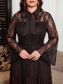 Modelyn Elegant Solid Color Lace Tie Collar Long Sleeve Waist Belt Cinched A-Line Regular Fit Plus Size Dress For Spring And Autumn - Coffee Brown - View 1