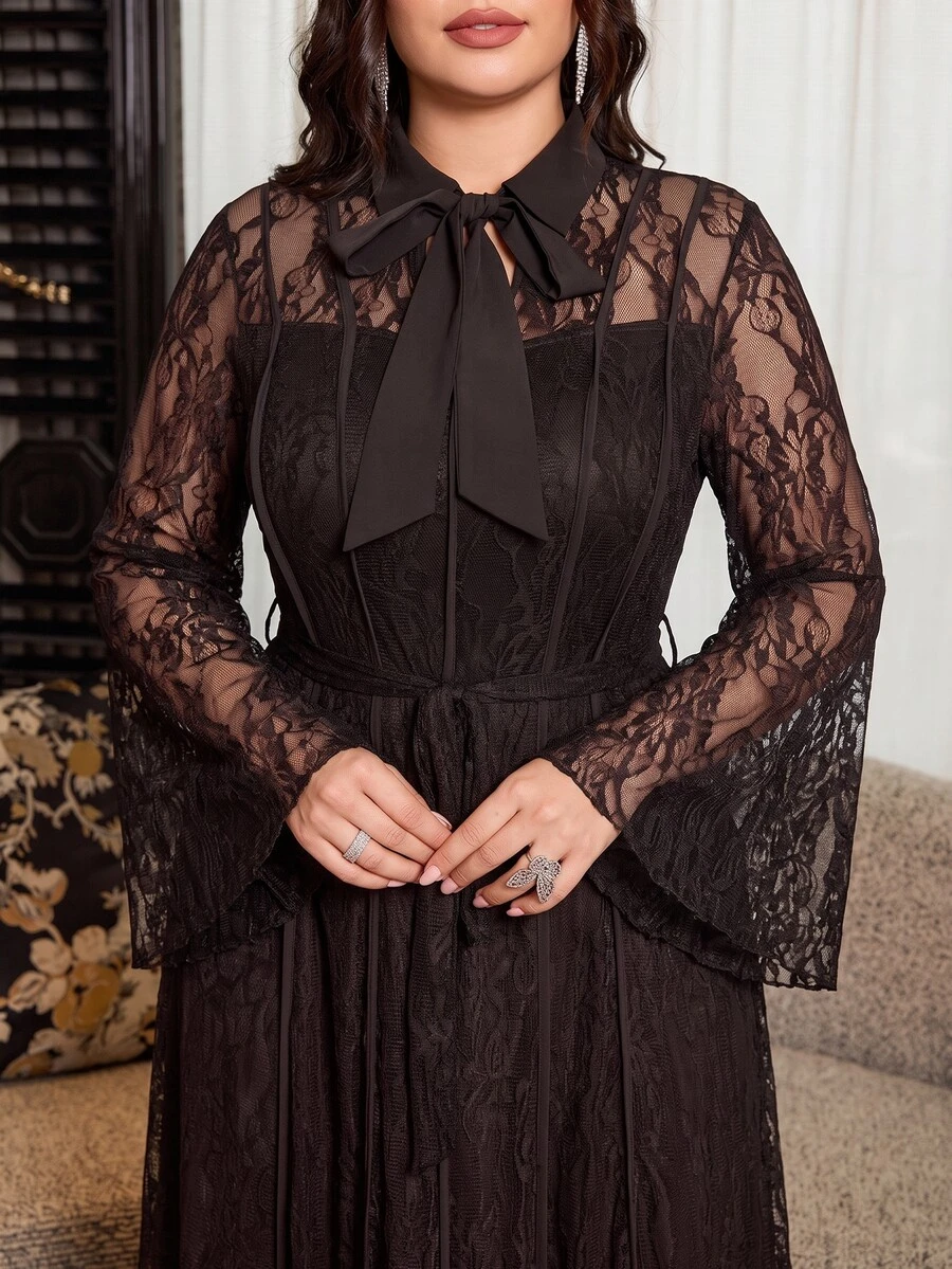 Modelyn Elegant Solid Color Lace Tie Collar Long Sleeve Waist Belt Cinched A-Line Regular Fit Plus Size Dress For Spring And Autumn - Coffee Brown - View 1