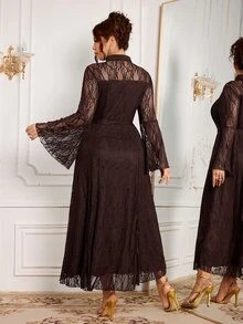 Modelyn Elegant Solid Color Lace Tie Collar Long Sleeve Waist Belt Cinched A-Line Regular Fit Plus Size Dress For Spring And Autumn - Coffee Brown - View 2