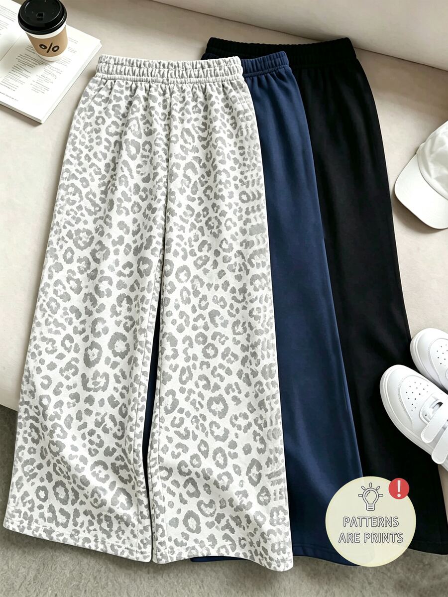 SHEIN 少女 3件組豹紋與素色彈性腰寬腿褲,柔軟抓絨寬鬆長褲,秋冬休閒街頭風日常保暖穿搭 - 彩色 - 查看 1
