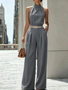 Zovinel Casual Versatile Halter Neck Tank Top And Pleated Pocket Wide Leg Long Pants 2 Pieces Set - Grey - View 1