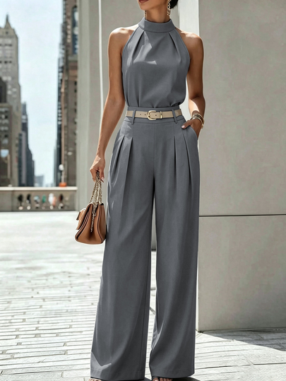 Zovinel Casual Versatile Halter Neck Tank Top And Pleated Pocket Wide Leg Long Pants 2 Pieces Set