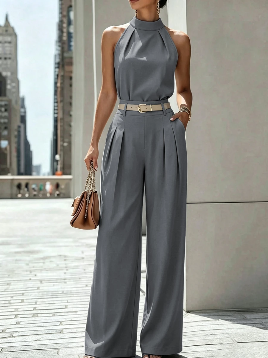 Zovinel Casual Versatile Halter Neck Tank Top And Pleated Pocket Wide Leg Long Pants 2 Pieces Set - Grey - View 1