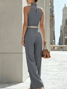 Zovinel Casual Versatile Halter Neck Tank Top And Pleated Pocket Wide Leg Long Pants 2 Pieces Set - Grey - View 2