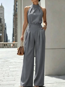 Zovinel Casual Versatile Halter Neck Tank Top And Pleated Pocket Wide Leg Long Pants 2 Pieces Set - Grey - View 5