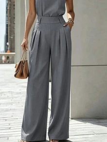 Zovinel Casual Versatile Halter Neck Tank Top And Pleated Pocket Wide Leg Long Pants 2 Pieces Set - Grey - View 4