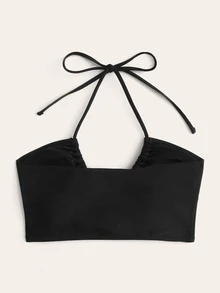 Swim Basics Top bikini halter de espalda con cordón - Negro - Ver 3