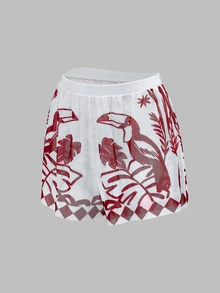Swim Oasis 女款熱帶植物印花拼色連身泳衣與短褲套裝，適合度假海灘 - 酒紅色 - 查看 8