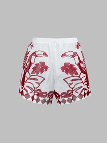 Swim Oasis 女款熱帶植物印花拼色連身泳衣與短褲套裝，適合度假海灘 - 酒紅色 - 查看 9